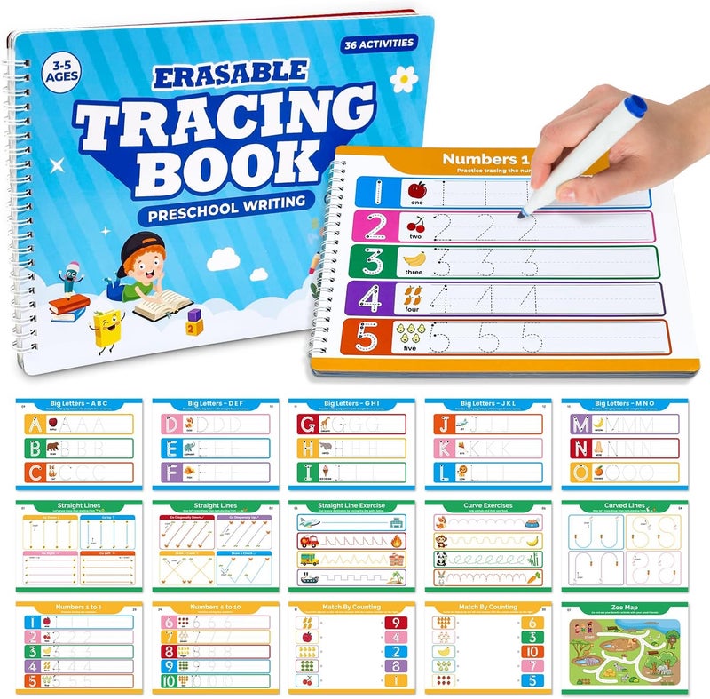 Justification leftBC Preschool Dry Erase Learning Workbook for Kids Ages 3-5 – Reusable Tracing Book for Letters A-Z, Shapes & Lines – Use with Dry Erase Markers – Handwriting & Fine Motor Skills Practiceactice - Image 1